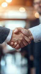 A Firm Grip, A Deal Sealed:  Two Business Professionals Shake Hands in Front of a Blurry Office Background