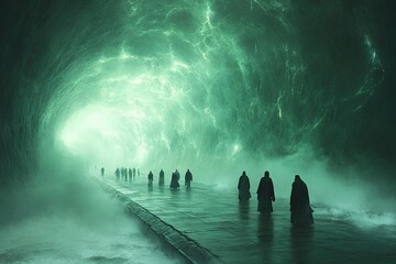 Poster - Image of people walking into a lit cave of light