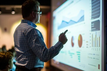Poster - A person stands in front of a projector screen displaying graphs, possibly explaining the data to an audience