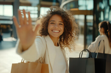 Wall Mural - A woman is standing with shopping bags, smiling and waving at the camera. She has curly brown hair and wears white