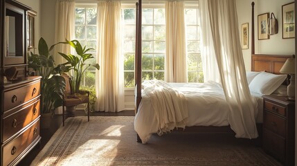 Poster - A cozy Colonial bedroom with a four-poster bed draped in white linens