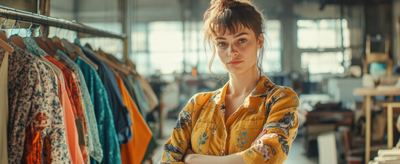 Wall Mural - A young woman stands in front of colorful hanging on hangers, surrounded by an industrial warehouse environment.