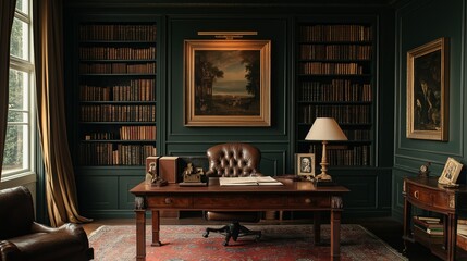 Poster - A sophisticated Colonial study with built-in bookshelves