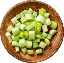 Freshly chopped green leek displayed in a wooden bowl, perfect for culinary illustrations and healthy recipes.