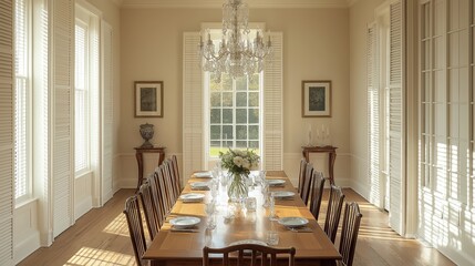 Poster - A stately Colonial dining room featuring a long wooden table