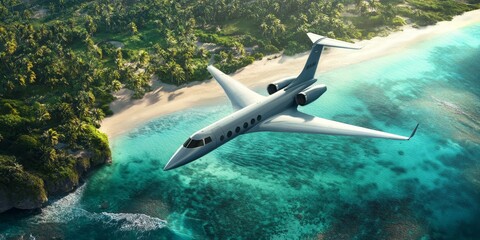 Wall Mural - Private jet flying over tropical beach.