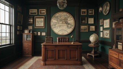 Wall Mural - A stately Colonial office with a large wooden desk, antique globe