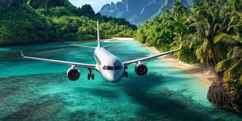 Wall Mural - Airplane landing on tropical island beach.