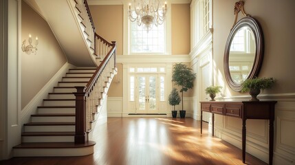 Poster - An inviting Colonial entryway with a grand staircase, a polished wooden banister