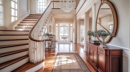 Poster - An inviting Colonial entryway with a grand staircase, a polished wooden banister