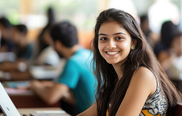 Wall Mural - An Indian woman sitting in front of her laptop, smiling, with other students behind her studying in the college classroom