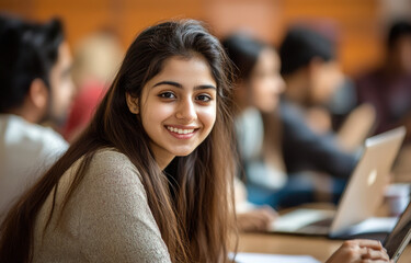 Sticker - An Indian woman sitting in front of her laptop, smiling, with other students behind her studying in the college classroom