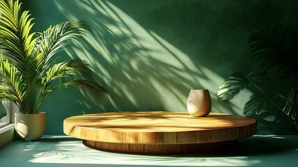 Wall Mural - Wooden pedestal with potted plant and sunlight casting shadows on green wall.