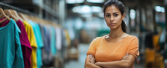 Wall Mural - A young woman stands in front of colorful hanging on hangers, surrounded by an industrial warehouse environment.