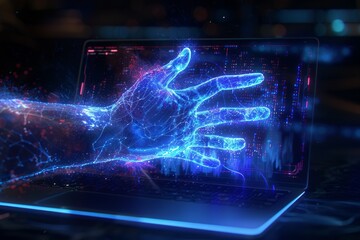 Poster - a glowing digital hand reaching towards a laptop screen filled with data in a futuristic, tech-inspi