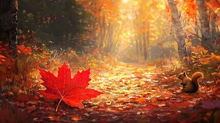 Wall Mural -   Painting of a red maple leaf lying on the ground in a forest with a squirrel in the foreground