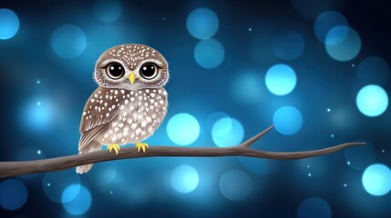 Sticker -    a small owl perched on a branch against a crisp background of blue and white circular patterns