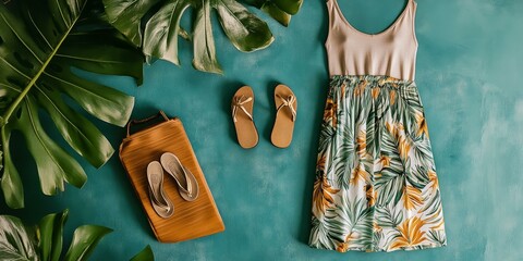 Wall Mural - Tropical summer outfit, sandals, bag, green leaves.