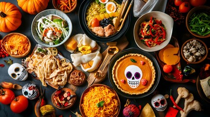 A Halloween-Themed Feast Showcasing Traditional and Modern Dishes from Different, Photorealistic and Vibrant, Celebrating Culinary Diversity and Inclusive Festive Traditions