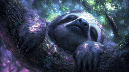 Poster -   A sloth in a tree sleeps peacefully, with its head resting on a branch and eyes closed