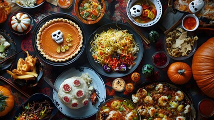 Wall Mural - A Halloween-Themed Feast Showcasing Traditional and Modern Dishes from Different, Photorealistic and Vibrant, Celebrating Culinary Diversity and Inclusive Festive Traditions