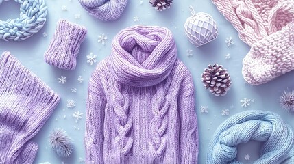 Sticker -   Knitted scarf, mittens, and scarves lay on blue surface with snowflakes