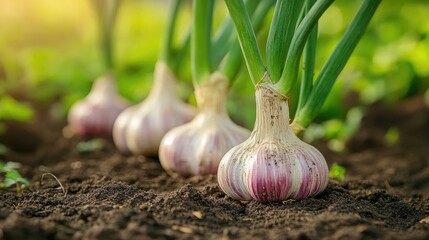 Garlic growing in the ground on a sunny day