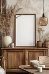 Wall Mural - Mockup of poster frame standing on wooden commode with vase and dried plants in home interior