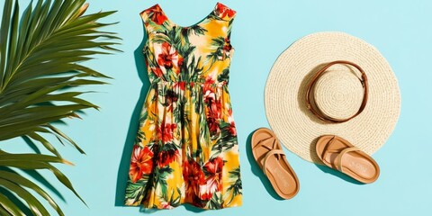 Wall Mural - Floral sundress, hat, sandals, palm leaf, blue background.