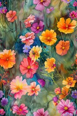 Poster - Watercolor flowers blooming on blue background, seamless pattern