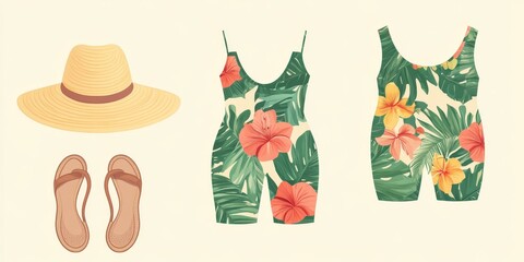 Wall Mural - Floral swimsuit, hat, and sandals.