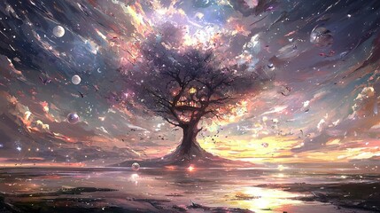 Poster -   A painting depicts a solitary tree standing tall in the center of a tranquil body of water, surrounded by an ethereal sky filled with iridescent bubbles