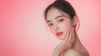 A portrait of a young woman with soft makeup, elegant pose, and serene expression against a pink background.