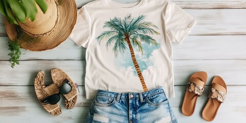 Wall Mural - Summer outfit with palm tree shirt and sandals.