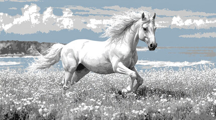 Sticker -   A monochromatic photograph of a galloping steed amidst a flower-filled meadow against a cerulean sky backdrop