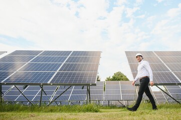 Canvas Print - Male engineer in glasses and formal white shirt monitoring system of solar panels