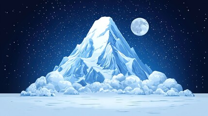 Poster -   An illustration depicts a snowy mountain beneath a full moon and starry sky above