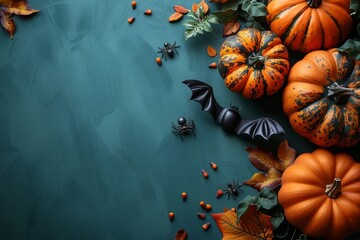 Wall Mural - halloween composition with pumpkins, bats and spiders