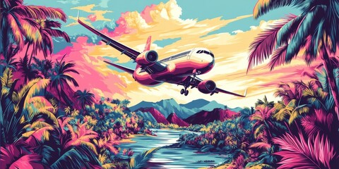 Wall Mural - Airplane flying over tropical island with palm trees.