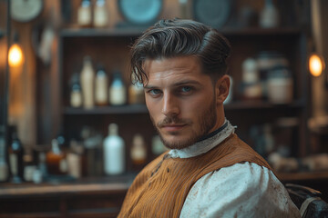 stylish man in vintage attire poses confidently in a retro barbershop, showcasing classic grooming a