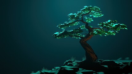 Sticker -   A bonsai tree rests atop a rock amidst a dark blue room, illuminated by a beacon of light