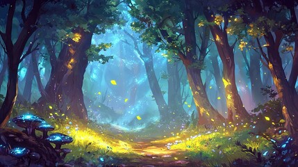 Wall Mural - a painted path through the woods is illuminated by fireflies emerging from the surrounding foliage