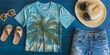 © jambulart - Summer outfit with palm tree shirt, hat, jeans, and sandals.