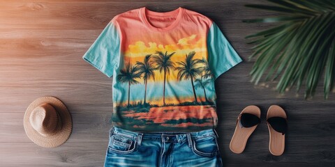 Wall Mural - Palm tree shirt, denim jeans, hat, flip flops.