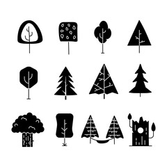 Wall Mural - Simple silhouette tree icons collection. Line art trees. Stock linear symbols set