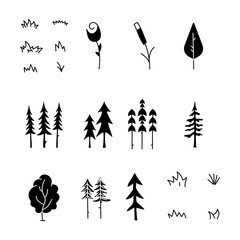 Wall Mural - Simple silhouette tree icons collection. Line art trees. Stock linear nature symbols set
