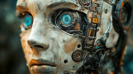 Wall Mural - Old retro rusty robot close up. Futurism. AI generation	