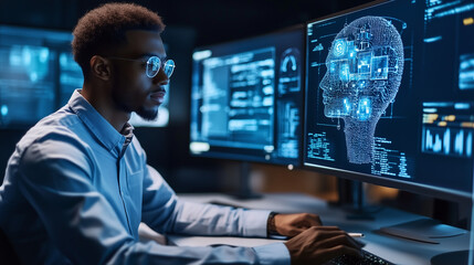 Cyber ​​security threat, IT specialist analyzing information technology data, augmented reality artificial intelligence, side profile. AI generation