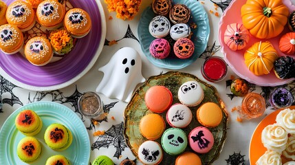 Wall Mural - A Creative Halloween Dessert Table Featuring Spooky Treats from Around the World Including Ghost-Shaped French Macarons, Vibrant Colors, Photorealistic Presentation of Cultural Fusion and Festive Joy