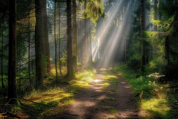 Wall Mural - A dirt path in a dense forest with sunlight filtering through the trees